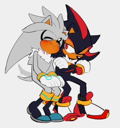 Size: 1694x1807 | Tagged: safe, artist:javisbutt, shadow the hedgehog, silver the hedgehog, hedgehog, arms folded, blushing, chipped ear, cute, duo, eyes closed, gay, grey background, looking at them, one eye closed, shadow x silver, shadowbetes, shipping, silvabetes, simple background, sitting, smile, wagging tail
