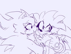 Size: 2047x1544 | Tagged: safe, artist:sonicattos, shadow the hedgehog, silver the hedgehog, hedgehog, blushing, cute, duo, duo male, eyelashes, gay, grey background, hugging, line art, looking away, male, males only, mouth open, nervous, one fang, shadow x silver, shadowbetes, shipping, silvabetes, simple background, smile