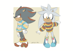 Size: 2048x1448 | Tagged: safe, artist:goatparties, shadow the hedgehog, silver the hedgehog, hedgehog, abstract background, clothes, duo, duo male, floppy ears, frown, gay, hand on hip, males only, shadow x silver, shipping, signature, smile, standing, sweater