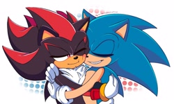 Size: 2048x1229 | Tagged: safe, artist:ciaoodee, shadow the hedgehog, sonic the hedgehog, hedgehog, abstract background, chest fluff, cute, duo, duo male, eyelashes, eyes closed, gay, holding each other, hugging, lidded eyes, male, males only, one eye closed, shadow x sonic, shadowbetes, shipping, smile, sonabetes, standing