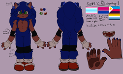 Size: 2048x1229 | Tagged: safe, artist:sleepylavend3r, sonic the hedgehog, hedgehog, ace, adhd, armpads, aromantic, autistic, beanbrows, bisexual, character name, chest fluff, cute, disabled, ear fluff, english text, fangs, fingerless gloves, hearing aids, kneepads, male, nails, pawpads, polyamorous, pride flag, pronouns, purple background, redesign, reference sheet, simple background, smile, solo, solo male, sonabetes, standing, top surgery scars, trans male, transgender