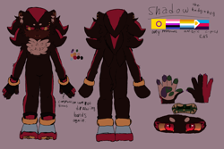 Size: 2048x1365 | Tagged: safe, artist:sleepylavend3r, shadow the hedgehog, hedgehog, ace, aromantic, autistic, beanbrows, character name, chest fluff, ear fluff, english text, fangs, freckles, frown, genderfluid, gloves off, intersex, polyamorous, pride flag, ptsd, purple background, redesign, reference sheet, simple background, solo, standing, yellow sclera