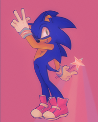 Size: 1096x1373 | Tagged: safe, artist:carnation-damnation, sonic the hedgehog, hedgehog, backwards v sign, ear piercing, earring, eyelashes, holding something, looking up, magic, male, mouth open, pink background, pink shoes, signature, simple background, smile, sneakers, solo, solo male, standing, top surgery scars, trans male, trans pride, transgender, wand, wink
