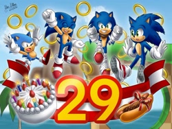 Size: 1032x775 | Tagged: safe, artist:star-shiner, sonic the hedgehog, hedgehog, green hill zone, anniversary, boom sonic, cake, chili dog, classic sonic, loop, male, modern sonic, movie sonic, ring, self paradox