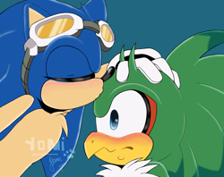Size: 1948x1541 | Tagged: safe, artist:blueyoo, jet the hawk, sonic the hedgehog, bird, hedgehog, blue background, blushing, chest fluff, duo, duo male, eyes closed, gay, goggles, goggles on head, hand on another's head, jet's goggles, kiss on head, male, males only, shipping, simple background, sonjet, sweatdrop, watermark