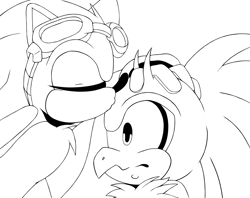 Size: 1948x1541 | Tagged: safe, artist:blueyoo, jet the hawk, sonic the hedgehog, bird, hedgehog, alternate version, black and white, chest fluff, duo, duo male, eyes closed, gay, goggles, goggles on head, hand on another's head, jet's goggles, kiss on head, line art, male, males only, shipping, simple background, sonjet, sweatdrop, white background