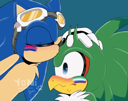 Size: 1948x1541 | Tagged: safe, artist:blueyoo, jet the hawk, sonic the hedgehog, bird, hedgehog, alternate version, bisexual, bisexual pride, blue background, blushing, chest fluff, duo, duo male, eyes closed, face paint, gay, goggles, goggles on head, hand on another's head, jet's goggles, kiss on head, male, males only, mlm pride, shipping, simple background, sonjet, sweatdrop, watermark