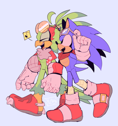 Size: 2048x2202 | Tagged: safe, artist:yu33_pm, jet the hawk, sonic the hedgehog, bird, hedgehog, ball, bandage, bandana, blue background, cute, duo, duo male, eyes closed, gay, hawk, holding hands, jacket, jetabetes, looking up, male, males only, mouth open, musical note, one fang, sandals, shipping, simple background, smile, sonabetes, sonjet, sunglasses, top surgery scars, volleyball, walking