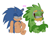 Size: 2048x1562 | Tagged: safe, artist:blehhhh36, jet the hawk, sonic the hedgehog, bird, hedgehog, bust, chest fluff, dialogue, duo, duo male, english text, eyelashes, frown, gay, gloves off, goggles, grey sclera, hand on hip, hawk, lidded eyes, looking back at them, male, males only, shipping, simple background, smile, sonjet, tongue out, top surgery scars, white background
