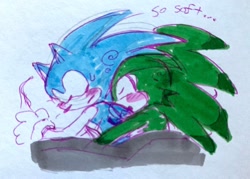 Size: 2048x1464 | Tagged: safe, artist:gikijet, jet the hawk, sonic the hedgehog, bed, blushing, dialogue, duo, english text, eyes closed, frown, gay, hugging from behind, shipping, sleeping, snuggling, sonjet, sweatdrop, traditional media