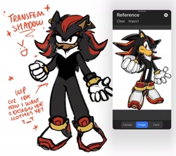 Size: 1694x1506 | Tagged: safe, artist:bunnykitty13, shadow the hedgehog, hedgehog, >:d, clenched fist, clothes, ear piercing, earring, english text, eyelashes, female, frown, looking at viewer, reference inset, simple background, solo, sparkles, standing, trans female, transgender, w.i.p, white background
