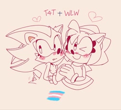 Size: 2048x1871 | Tagged: safe, artist:silver-varian, amy rose, shadow the hedgehog, hedgehog, amybetes, blushing, cute, duo, duo female, eyelashes, female, females only, half r63 shipping, heart, holding hands, lesbian, line art, looking at viewer, looking back, mouth open, shadamy, shadowbetes, simple background, smile, standing, t4t, trans female, trans pride, transgender, wagging tail, wink, wlw