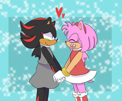 Size: 1280x1067 | Tagged: safe, artist:daniscribbles, amy rose, shadow the hedgehog, abstract background, blushing, cute, dress, duo, duo female, eyes closed, female, females only, green blush, half r63 shipping, heart, holding hands, lesbian, looking at each other, shadamy, shipping, smile, sparkles, standing, trans female, transgender