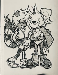 Size: 1586x2048 | Tagged: safe, artist:alverooooo, tangle the lemur, whisper the wolf, blushing, duo, duo female, eyes closed, female, females only, hand on another's arm, inkwork, lesbian, shipping, smile, standing, tangle x whisper, traditional media