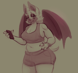 Size: 632x595 | Tagged: safe, artist:feralen8y, rouge the bat, bat, alternate outfit, beige background, female, holding something, looking at viewer, phone, simple background, smile, solo, standing