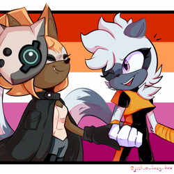 Size: 1600x1600 | Tagged: safe, artist:justalazybee, tangle the lemur, whisper the wolf, abstract background, duo, holding hands, lesbian, lesbian pride, pride, pride flag background, redraw, shipping, smile, standing, tangle x whisper, wink