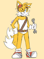 Size: 1200x1600 | Tagged: safe, artist:miles-deerbun, miles "tails" prower, hand on hip, holding something, looking at viewer, male, signature, simple background, smile, solo, sonic boom (tv), standing, wink, wrench, yellow background