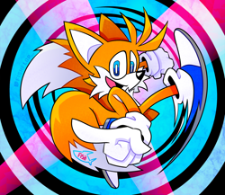 Size: 1242x1080 | Tagged: safe, artist:fishflop_, miles "tails" prower, abstract background, blue shoes, looking at viewer, mouth open, pointing, posing, redraw, redraw challenge, signature, smile, solo