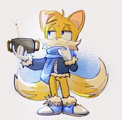Size: 909x894 | Tagged: safe, artist:maitroll, miles "tails" prower, abstract background, blue shoes, coat, frown, holding something, lidded eyes, looking up, male, scarf, solo, standing, tan nose, winter outfit
