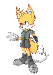 Size: 1754x2480 | Tagged: safe, artist:i3la-dee, miles "tails" prower, nine, fox, sonic prime, clenched teeth, ear fluff, leg fluff, looking offscreen, male, signature, simple background, solo, standing, white background