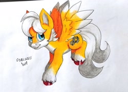 Size: 2048x1465 | Tagged: safe, artist:wahahaanon, miles "tails" prower, 2023, looking at viewer, male, pegasus, ponified, pony, signature, smile, solo, species swap, traditional media