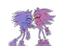 Size: 1087x769 | Tagged: safe, artist:foolnamedjoey, shadow the hedgehog, sonic the hedgehog, hedgehog, sonic prime s2, duo, eyes closed, gay, hand under chin, redraw, shadow x sonic, shipping, simple background, smile, standing, white background