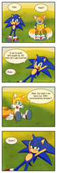 Size: 883x2650 | Tagged: safe, artist:snt0skt, miles "tails" prower, sonic the hedgehog, abstract background, comic, dialogue, duo, duo male, english text, gay, grass, holding something, lidded eyes, lying down, male, males only, miles electric, mouth open, shipping, sitting up, smile, sonic x tails, speech bubble