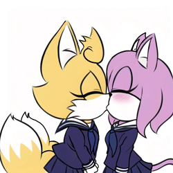 Size: 2048x2048 | Tagged: safe, ai art, artist:mobians.ai, skye prower, oc, cat, fox, blushing, canon x oc, clothes, duo, duo female, eyelashes, eyes closed, female, females only, gender swap, kiss, lesbian, prompter:taeko, purple fur, schoolgirl outfit, simple background, standing, two tails, unnamed oc, white background, yellow fur