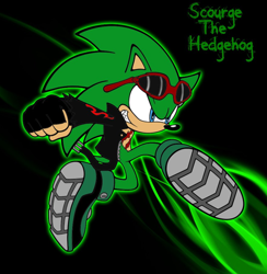 Size: 487x500 | Tagged: artist needed, safe, scourge the hedgehog, hedgehog, blue eyes, fingerless gloves, glasses, glasses on head, gloves, green fur, jacket, male, scars, sharp teeth, shoes, sunglasses
