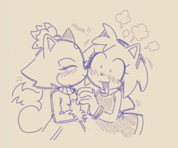 Size: 540x449 | Tagged: safe, artist:bl00doodle, amy rose, blaze the cat, cat, hedgehog, 2021, amy x blaze, amy's halterneck dress, blaze's tailcoat, cute, eyes closed, female, females only, holding hands, kiss on cheek, lesbian, shipping, sketch