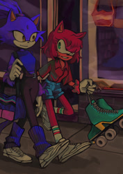 Size: 540x764 | Tagged: safe, artist:lizery, amy rose, blaze the cat, cat, hedgehog, 2021, amy x blaze, bag, cute, female, females only, lesbian, looking at each other, rollerskates, shipping, walking