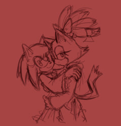 Size: 540x564 | Tagged: safe, artist:bombchan, amy rose, blaze the cat, cat, hedgehog, 2022, amy x blaze, cute, female, females only, holding each other, lesbian, looking at viewer, shipping, sketch
