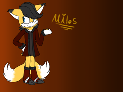 Size: 1024x768 | Tagged: safe, artist:meltheartist, miles (anti-mobius), fox, blue eyes, boots, fingerless gloves, gloves, jacket, male, shirt, yellow fur