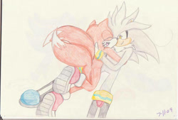 Size: 600x406 | Tagged: safe, artist:yaoilover16, miles "tails" prower, silver the hedgehog, fox, hedgehog, gay, hugging, shipping, silvails, traditional media, white background