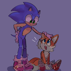 Size: 1280x1280 | Tagged: safe, artist:s1llycilantro, miles "tails" prower, sonic the hedgehog, sonic r, blushing, cute, duo, hand on head, looking at each other, purple background, redraw, simple background, sitting, smile, sonabetes, standing, tailabetes