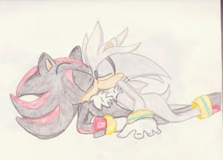 Size: 1164x838 | Tagged: safe, artist:yaoilover16, shadow the hedgehog, silver the hedgehog, hedgehog, 2009, duo, eyes closed, gay, kiss, lying back, lying on them, shadow x silver, shipping, traditional media