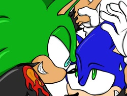 Size: 600x450 | Tagged: safe, artist:kingofmoebius, artist:yaoilover16, scourge the hedgehog, sonic the hedgehog, hedgehog, 2010, color edit, duo, edit, gay, grabbing, grabbing hand, looking at each other, self paradox, shipping, simple background, smile, sonourge, sweatdrop, white background