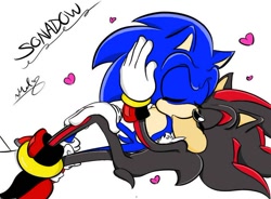 Size: 720x531 | Tagged: safe, artist:furryluver18, artist:yaoilover16, shadow the hedgehog, sonic the hedgehog, hedgehog, 2010, color edit, duo, edit, eyes closed, gay, heart, holding each other, kiss, lying down, shadow x sonic, ship name, shipping, signature, simple background, white background