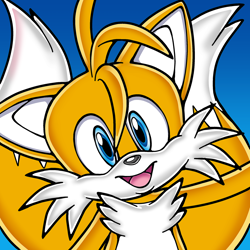Size: 1124x1124 | Tagged: safe, artist:rockthebull, miles "tails" prower, commission, floppy ear, gradient background, icon, looking at viewer, mouth open, smile, solo, uekawa style