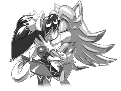Size: 1138x858 | Tagged: safe, artist:rockthebull, breezie the hedgehog, honey the cat, cat, hedgehog, blushing, breezoney, commission, crack shipping, duo, duo female, eyes closed, female, females only, greyscale, holding something, kiss, lesbian, shipping, simple background, standing, white background