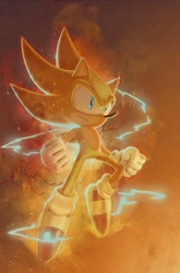 Size: 790x1199 | Tagged: safe, artist:lazerpotaters, sonic the hedgehog, super sonic, 2023, abstract background, alternate eye color, blue eyes, clenched fists, electricity, flying, frown, glowing eyes, looking offscreen, solo, super form