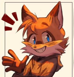Size: 1243x1297 | Tagged: safe, artist:clearmoonbasement, miles "tails" prower, 2023, abstract background, blushing, hoodie, looking at viewer, smile, solo, waving