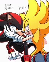 Size: 1590x1990 | Tagged: safe, artist:huyusth, shadow the hedgehog, sonic the hedgehog, 2023, claws, clenched teeth, dialogue, duo, fleetway super sonic, frown, gay, hands on another's face, korean text, lidded eyes, looking at each other, mouth open, shadow x sonic, shipping, simple background, smile, super form, white background