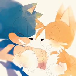 Size: 1280x1280 | Tagged: safe, artist:cozzz_23, miles "tails" prower, sonic the hedgehog, 2021, clenched teeth, duo, eyes closed, fistbump, gay, shipping, simple background, smile, sonic x tails, standing, white background