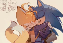 Size: 2048x1417 | Tagged: safe, artist:c52278, miles "tails" prower, sonic the hedgehog, 2020, alternate universe, backpack, bag, beige background, blushing, clothes, cute, dialogue, duo, english text, eyes closed, gay, holding each other, kiss, mint candy, school uniform, shipping, simple background, sonic x tails, standing