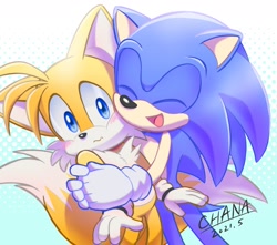 Size: 2048x1810 | Tagged: safe, artist:tailchana, miles "tails" prower, sonic the hedgehog, 2021, abstract background, blushing, cute, duo, frown, gay, hugging, lidded eyes, looking at viewer, shipping, signature, smile, sonabetes, sonic x tails, standing, surprise hug, tailabetes