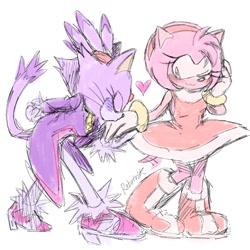 Size: 1280x1280 | Tagged: safe, artist:thescroingle, amy rose, blaze the cat, cat, hedgehog, 2023, amy x blaze, amy's halterneck dress, blaze's tailcoat, cute, eyes closed, female, females only, hand on back, heart, kiss on hand, lesbian, shipping