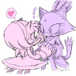 Size: 1280x1280 | Tagged: safe, artist:thescroingle, amy rose, blaze the cat, cat, hedgehog, 2023, amy x blaze, amy's halterneck dress, blaze's tailcoat, cute, exclamation mark, female, females only, hand on cheek, heart, holding hands, lesbian, shipping, sweatdrop
