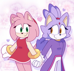 Size: 540x514 | Tagged: safe, artist:plushybluecat, amy rose, blaze the cat, cat, hedgehog, 2022, amy x blaze, amy's halterneck dress, blaze's tailcoat, cute, female, females only, hearts, holding hands, lesbian, looking at each other, shipping