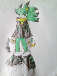 Size: 774x1032 | Tagged: safe, artist:theoneandonlycactus, oc, oc:cactus the hedgehog, hedgehog, fingerless gloves, gloves, green eyes, green fur, jacket, male, shoes, socks, traditional media